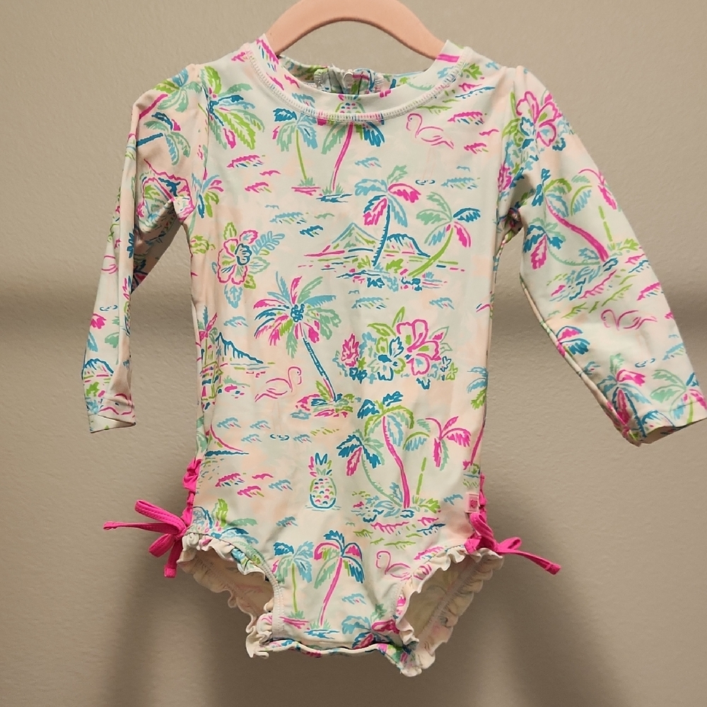 Ruffle Butts Tropical Print Kids Swim One Piece - Pink and Blue